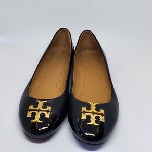 Tory Burch Womens Size 7M EVERLY Flats Black Leather Patent Cap Toe